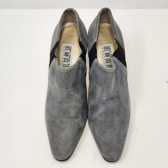 Saks Fifth Avenue Gray Suede Heeled Ankle Booties Size 5.5 B Pointed Toe Slip On - Picture 2 of 9